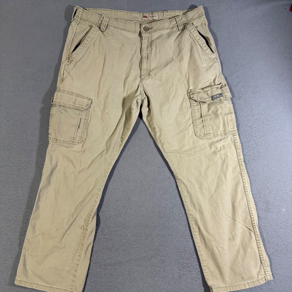 Wrangler Cargo Pants Mens 38x30 Beige Relaxed Fit Work Casual Distressed